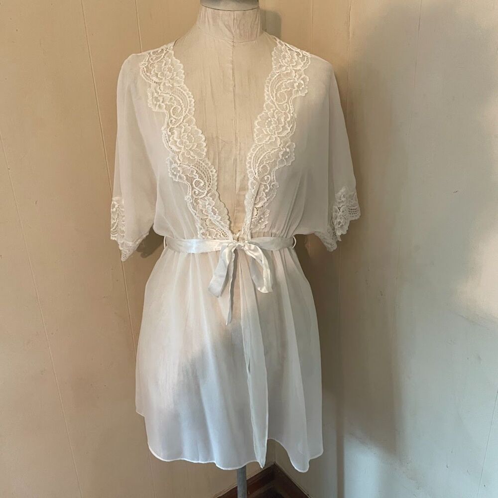 CINEMA ETOILE Bridal Short PEIGNOIR Sheer Chiffon Lace  Kimono Sleeve M